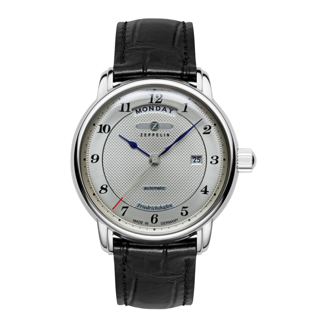 Zeppelin Friedrichshafen 8562-4 Day/Date Automatic (40mm) Silver Clous de Paris Dial / Brown Leather Strap  Men's Watch