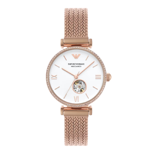 Emporio Armani AR60063 Automatic White Dial Rose Gold Stainless Steel Mesh Bracelet Women's Watch