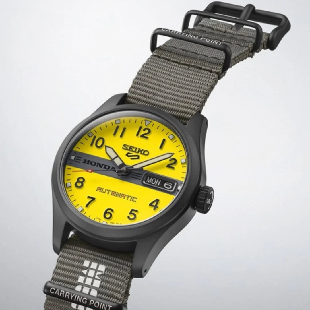 Seiko 5 Sports x Honda HDB010K1 Motocompo Limited Edition (36.4mm) Yellow Dial / Grey Nylon Strap Men's Watch