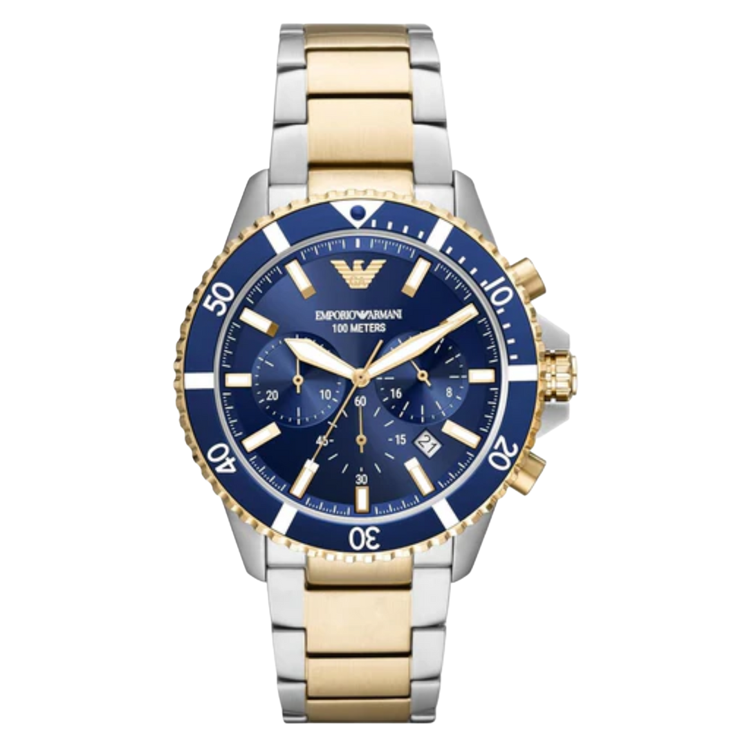 Emporio Armani AR11362 | Blue Chronograph Dial | Two Tone Stainless Steel Bracelet Men’s Watch