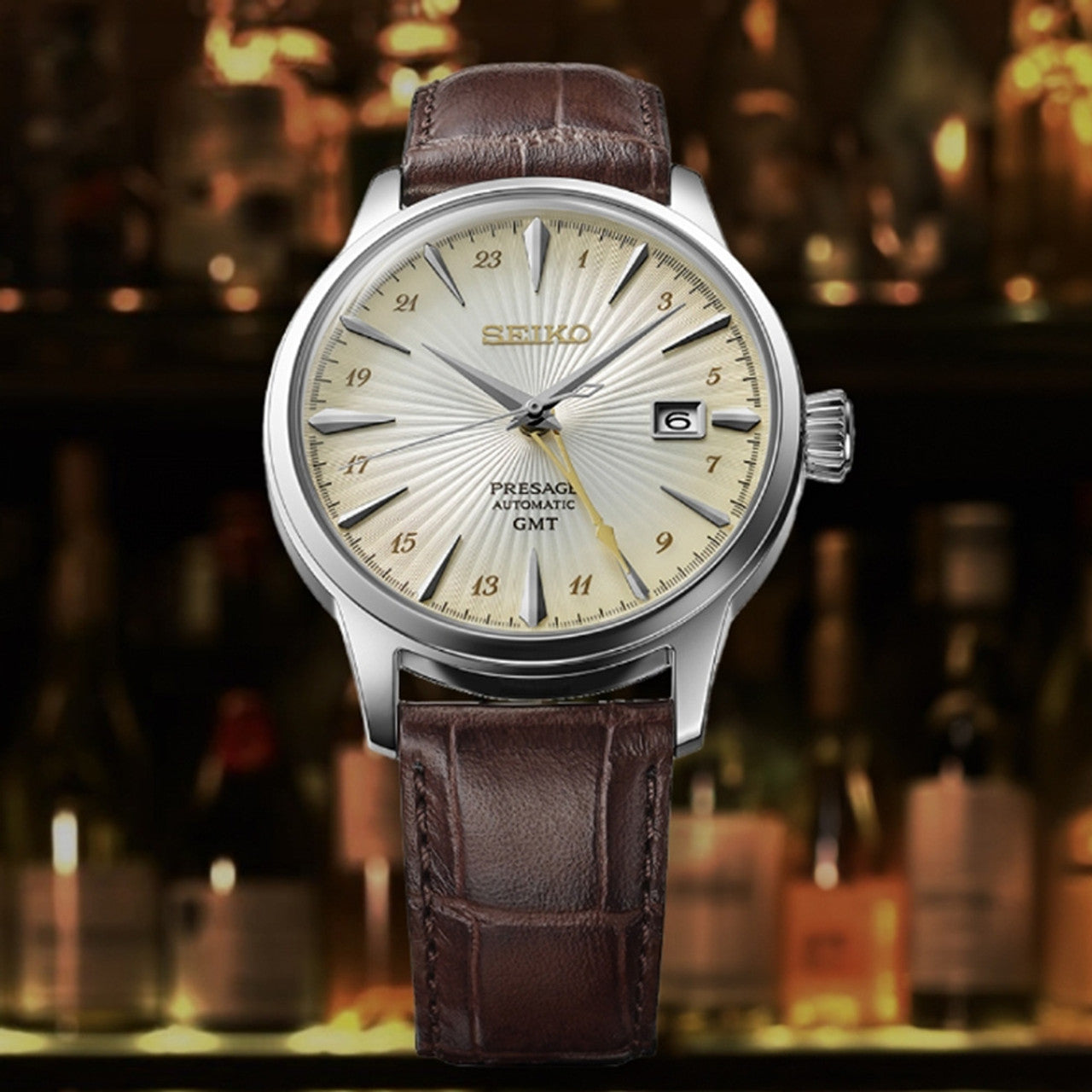 Seiko SSK041J Presage Acacia Cocktail Time GMT 40.5mm Cream Dial Brown Leather Strap Men's Watch