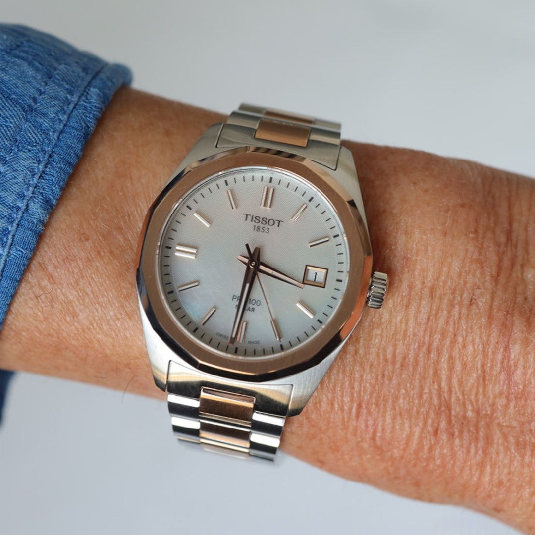 Tissot PRC 100 Solar (34mm) T1518222211100 Mother-of-Pearl Dial / Two-Tone Stainless Steel Bracelet Women's Watch