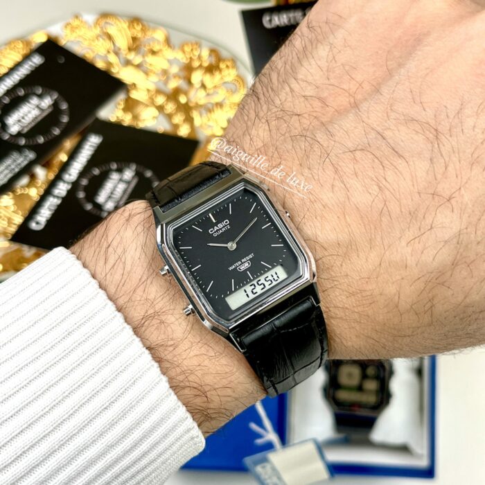 Casio Vintage AQ-230EL-1A Dual Display (29.8mm) Black Sunray Dial / Leather Strap Men’s & Womens Watch