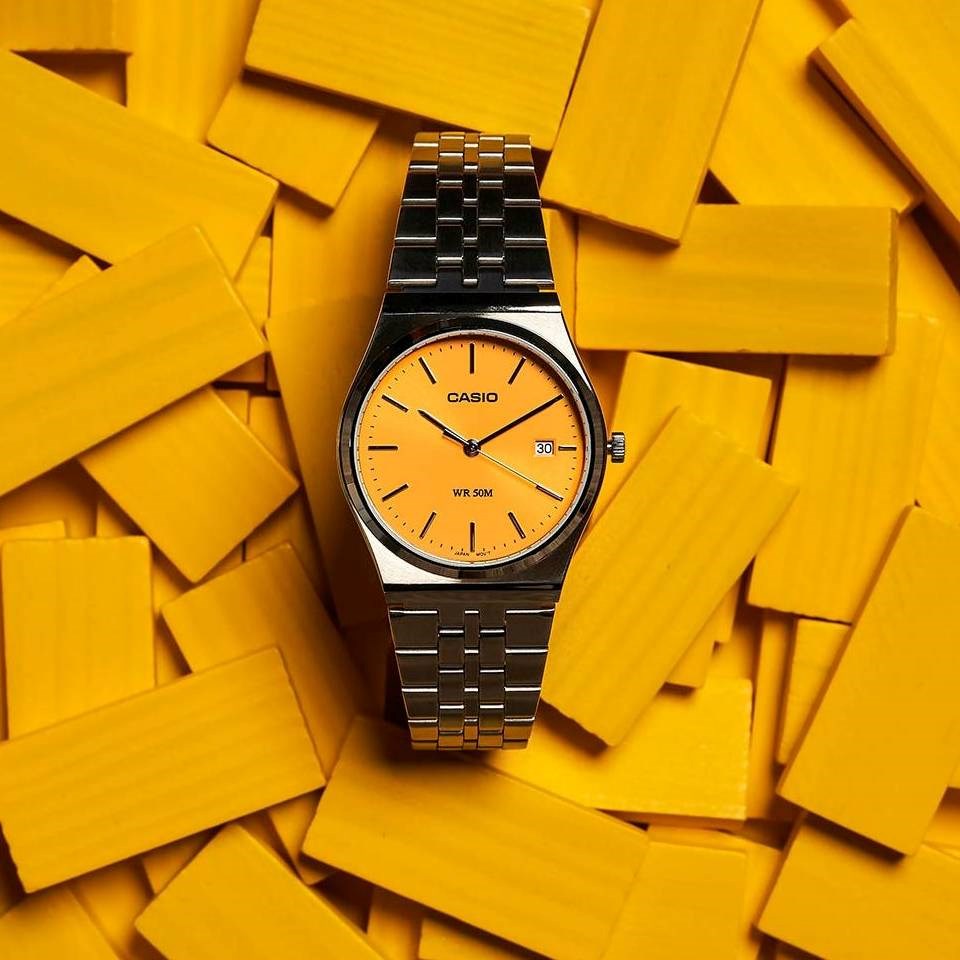 Casio MTP-B145D-9AVEF Series Analogue Quartz (35mm) Saffron Yellow Sunray Dial / Stainless Steel Bracelet Men’s & Women’s Watch