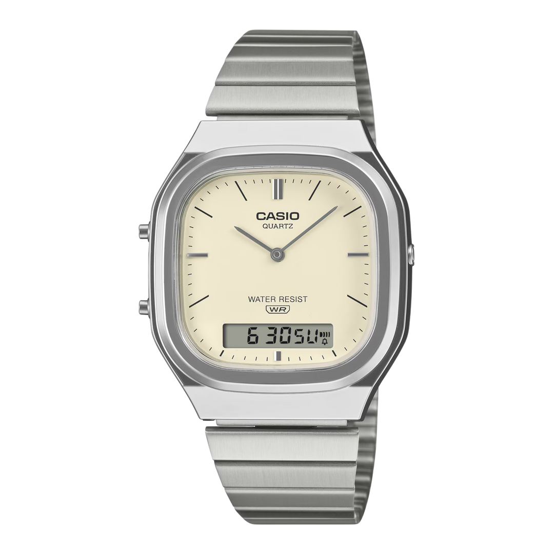 Casio Vintage AQ-240E-7A2 Dual-Display (35.8mm) Cream Sunray Dial / Stainless Steel Bracelet Unisex Watch