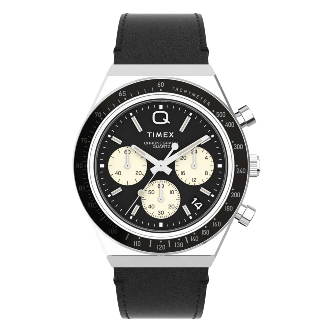 Timex Q Diver TW2V42700 Inspired Chrono (40mm) ‘Reverse Panda’Black Dial / Black Leather Strap Men's Watch