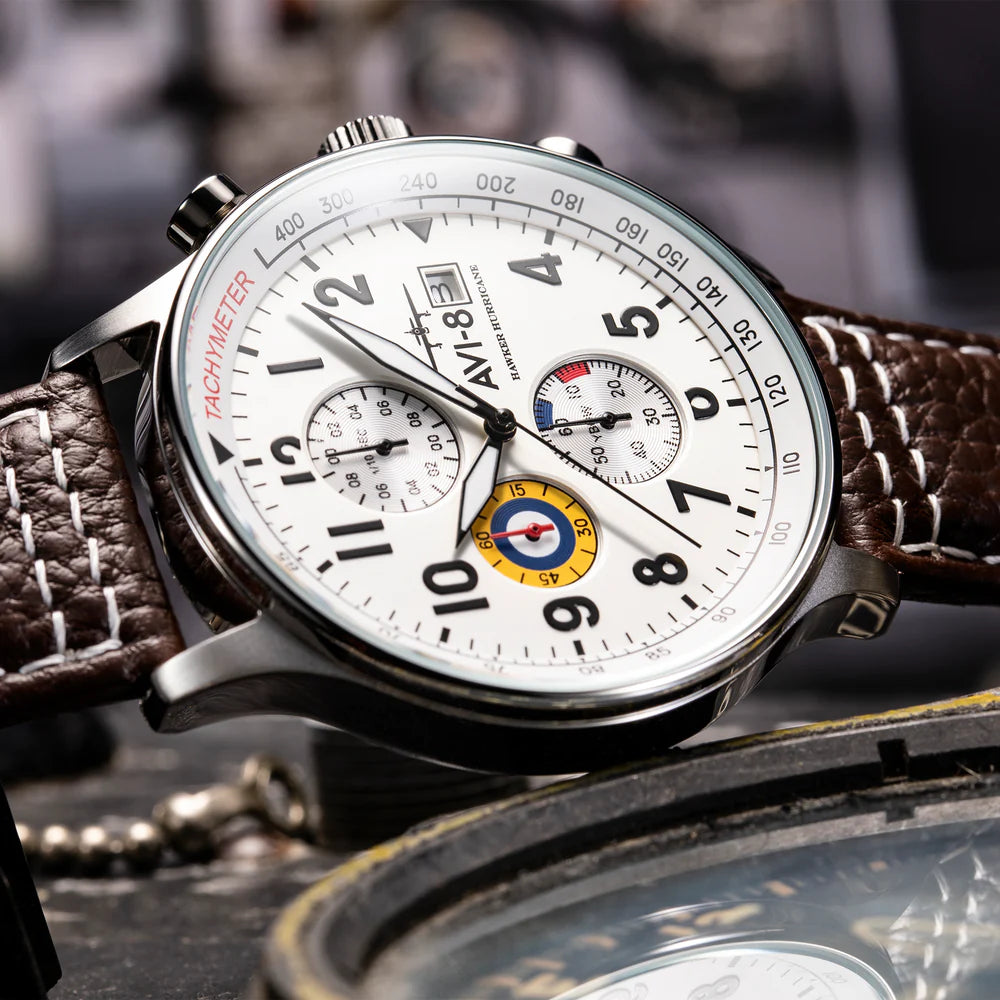 AVI-8 HAWKER HURRICANE Classic Chronograph Classic White AV-4011-01 Brown Leather Strap Men's Watch