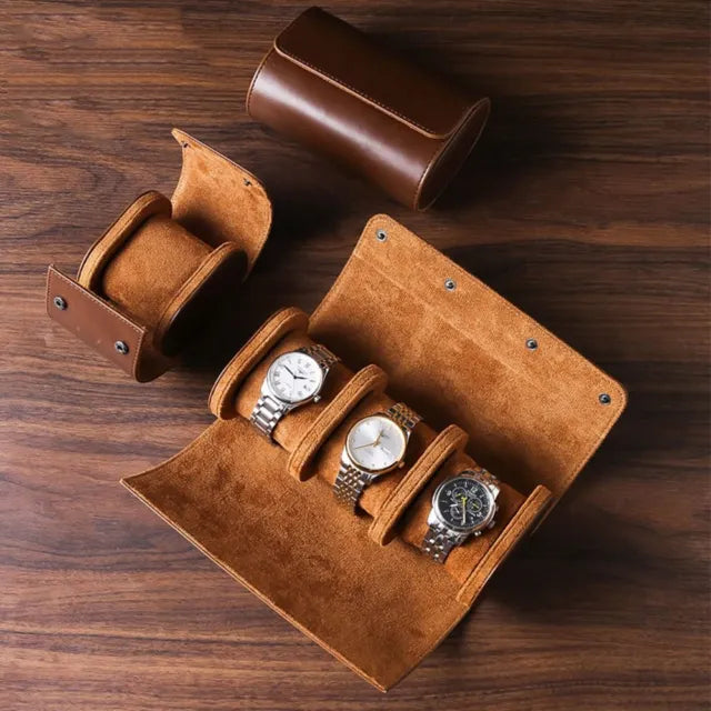 3 Slots Brown Luxury Watch Storage Box/ Roll Travel Case Chic Portable Vintage Leather