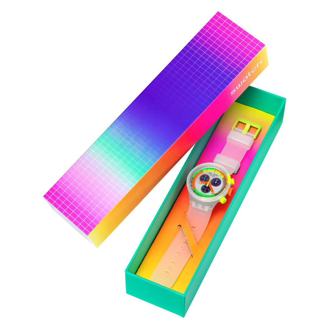 Swatch NEON JELLY (47mm) SB02K100 Multi-Coloured Dial / Matte Transparent Silicone Strap
Men’s Watch