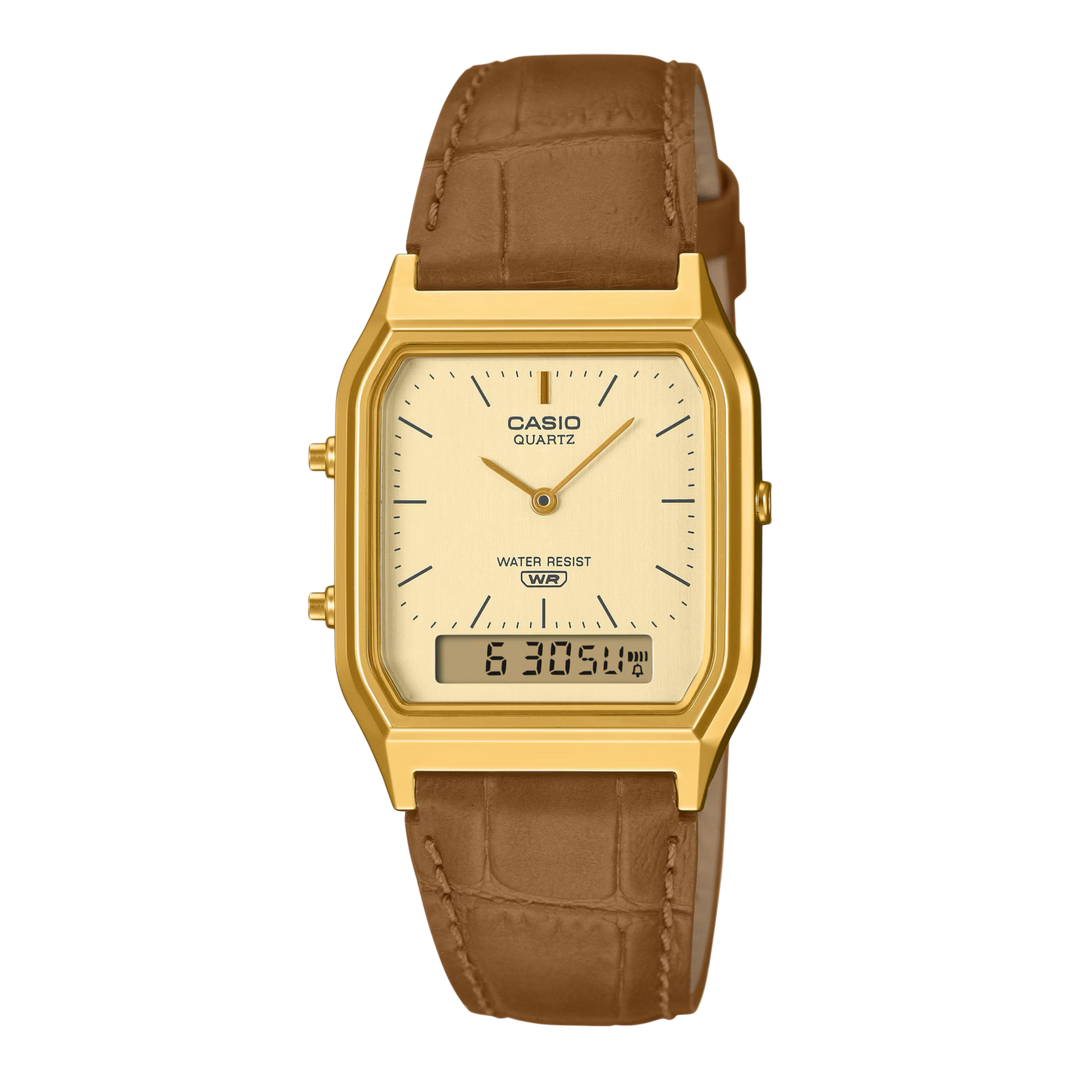 Casio Vintage AQ-230EGL-9A Dual Display (29.8mm) Gold Sunray Dial / Brown Leather Strap Men’s & Womens Watch
