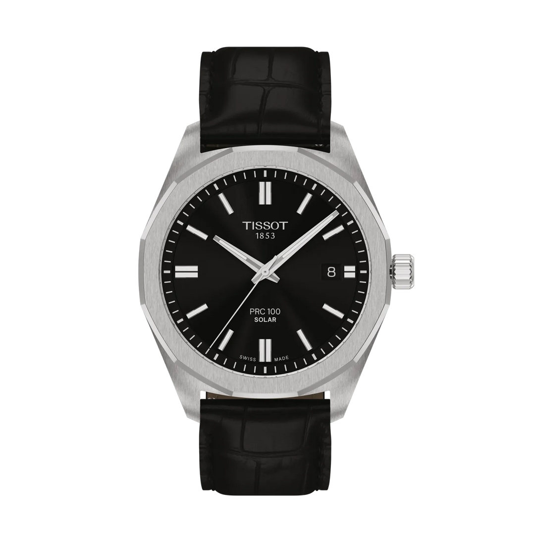 Tissot T1514221605100 PRC 100 Solar (39mm) Black Dial  Black Leather Strap Men's Watch