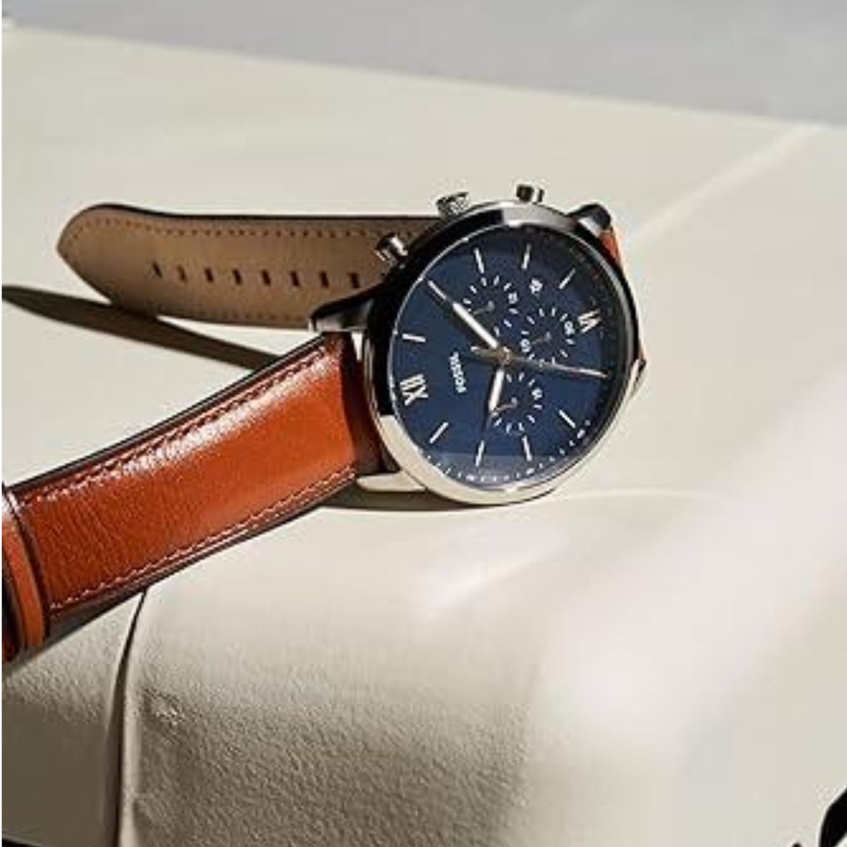 Fossil FS5453 Neutra Chrono Blue Chronograph Dial Brown Leather Strap ...