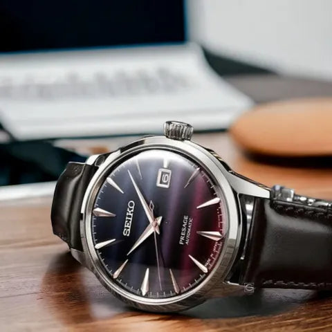 Seiko Presage Star Bar ‘Purple Sunset’ Cocktail Time Limited (9000 pieces Worldwide) Edition (40.5mm) Purple Dial / Brown Leather  SRPK75J1 Men's Watch