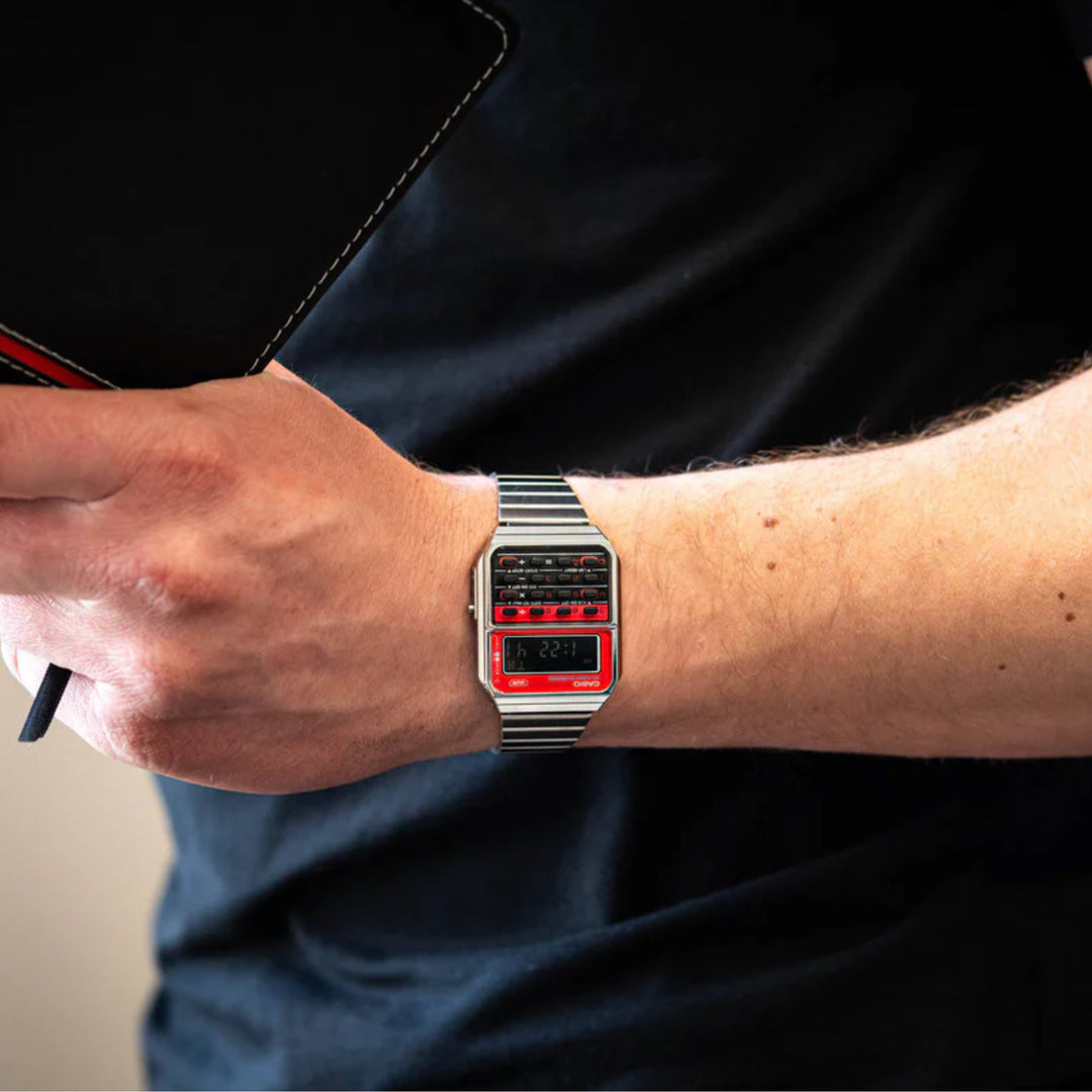 Casio Vintage Calculator Red / CA-500WE-4B Stainless Steel Bracelet  Men's Watch