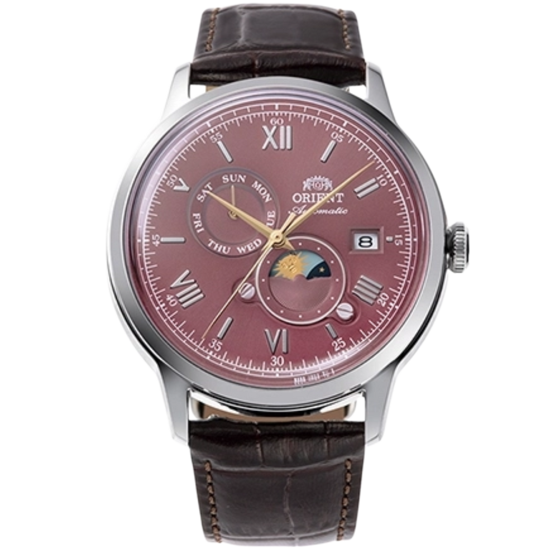 Orient Bambino RA-AK0807R Sun & Moon Automatic (41.5mm) Bordeaux Dial / Brown Leather Strap Men's Watch