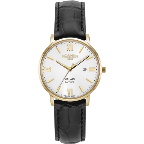 Roamer 958844 48 13 05 Valais Ladies Silver Dial With Yellow Gold Case Black Leather Strap Women's Watch
