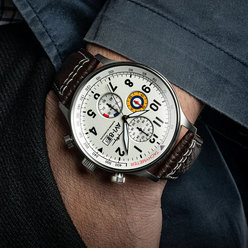 AVI-8 HAWKER HURRICANE Classic Chronograph Classic White AV-4011-01 Brown Leather Strap Men's Watch