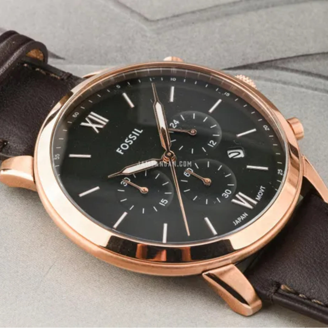 Fossil FS6073 Neutra Chronograph 44mm Green Dial Rose Gold Bezel Men's Watch