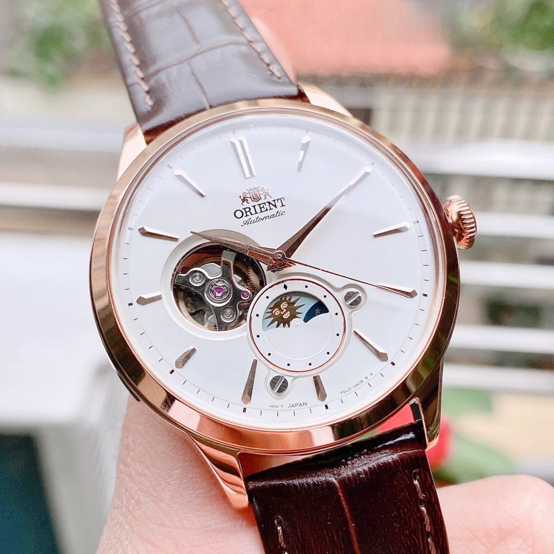 Orient Bambino RA-AS0102S10B Sun & Moonphase Open Heart Mechanical Ivory Dial / Brown Leather  Men's Watch