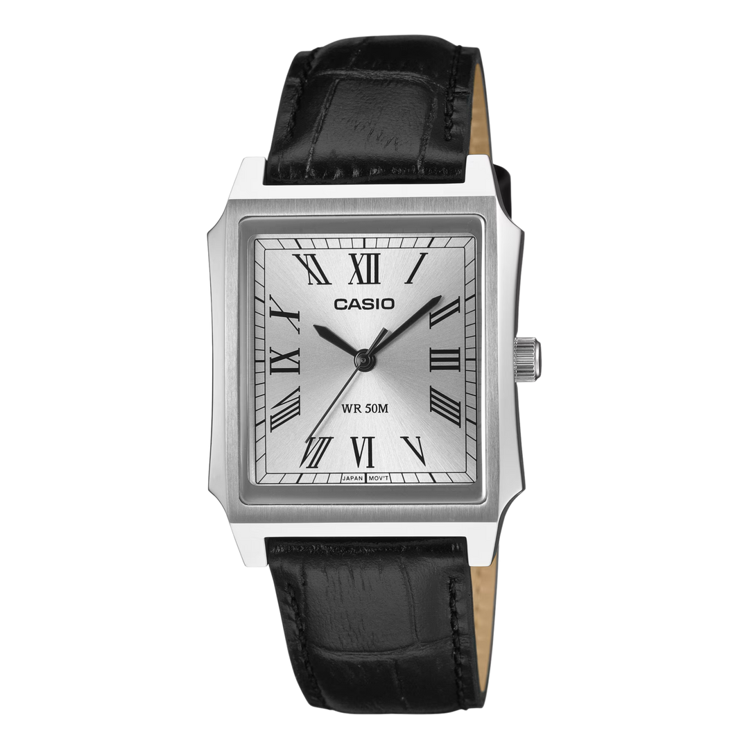 Casio Standard (Cartier Tank Type) Analogue MTP-B190L-7BV Silver Dial Leather Strap Men’s Watch