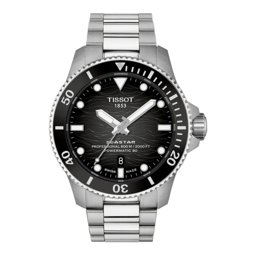 Tissot Seastar  T1209071105100  2000 Powermatic 80 (44mm) Black Wave Dial  Stainless Steel Bracelet