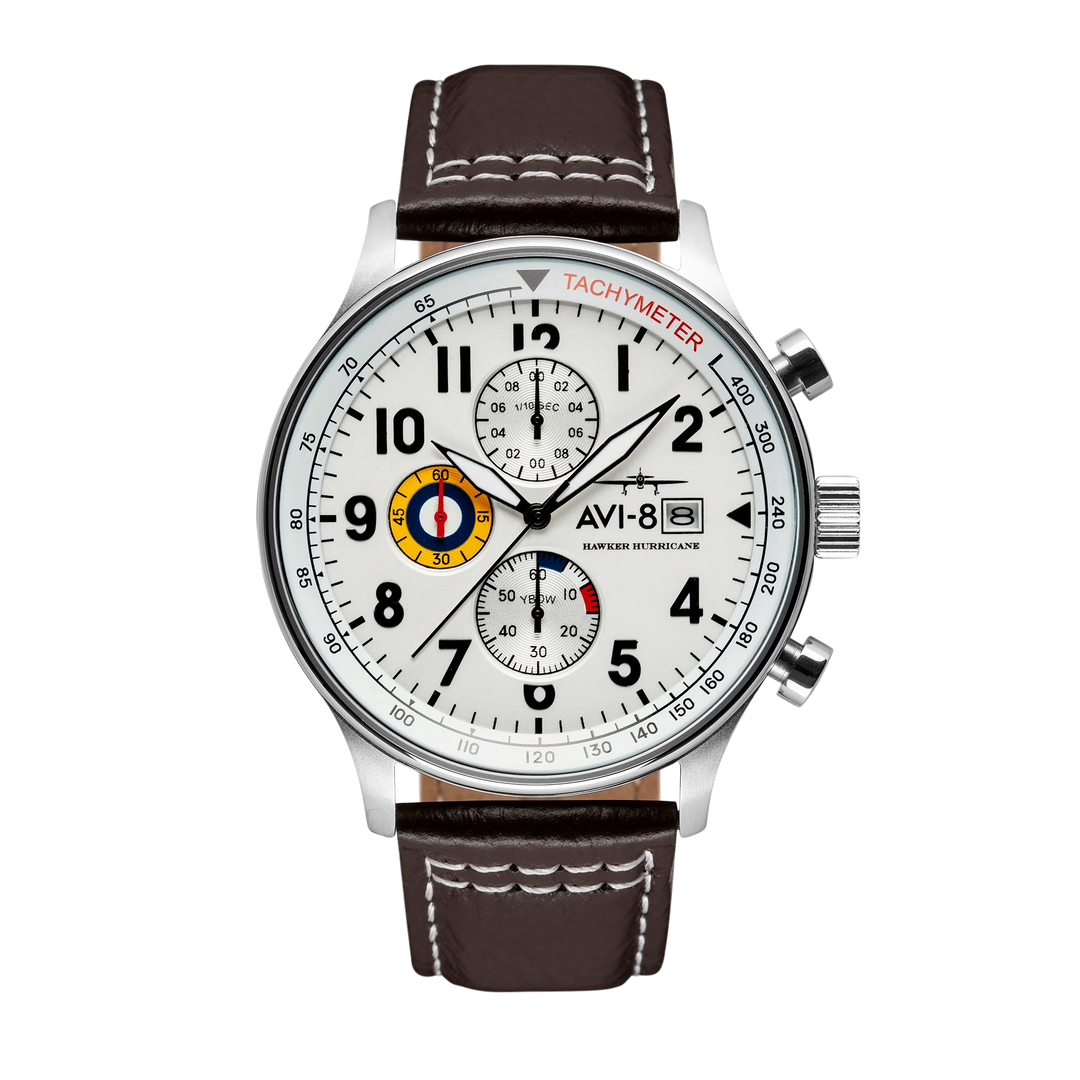 AVI-8 HAWKER HURRICANE Classic Chronograph Classic White AV-4011-01 Brown Leather Strap Men's Watch