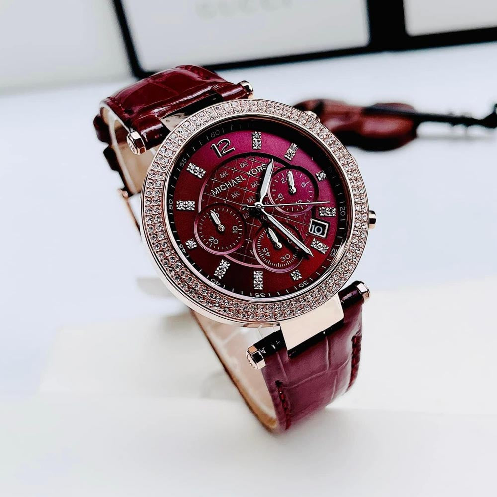 Michael Kors Parker MK6986 Round Dial Red Leather Strap Chronograph Women's Watch