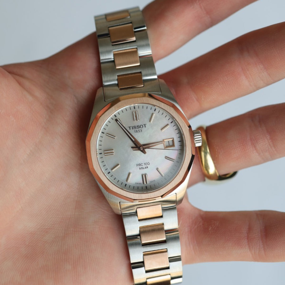 Tissot PRC 100 Solar (34mm) T1518222211100 Mother-of-Pearl Dial / Two-Tone Stainless Steel Bracelet Women's Watch