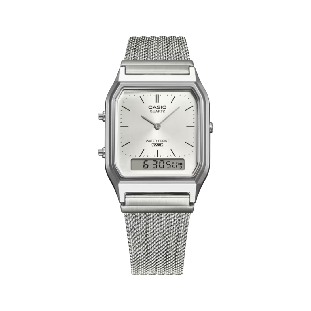 Casio Vintage AQ-230EM-7A Dual Time Display 30mm Silver Dial Mesh Band Stainless Steel Men’s & Womens Watch