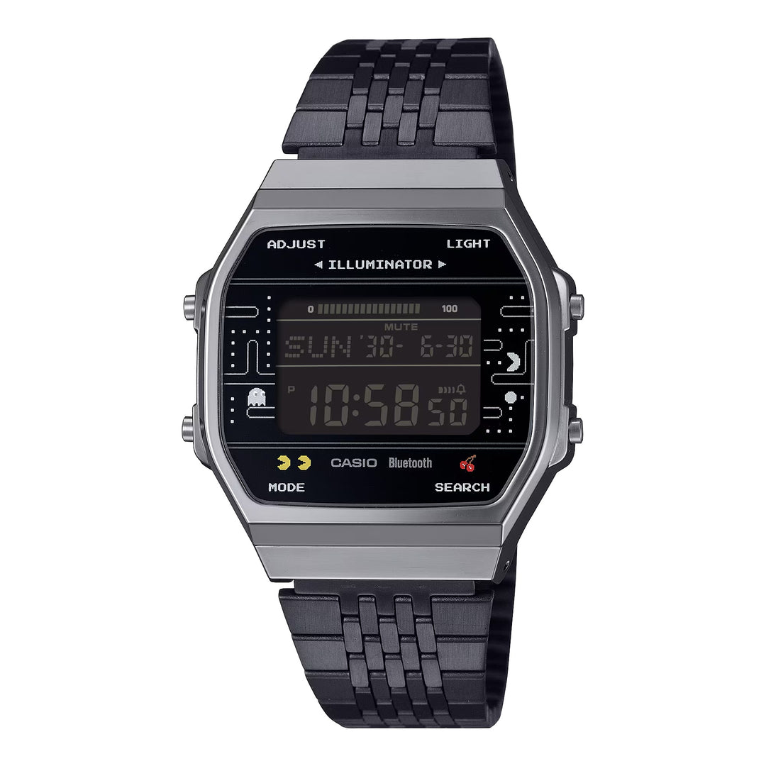 Casio x PAC-Man Collaboration Vintage Illuminator ABL-100WEPC-1BDR Bluetooth (37.9mm) Digital Black Dial Stainless Steel Bracelet Unisex Watch