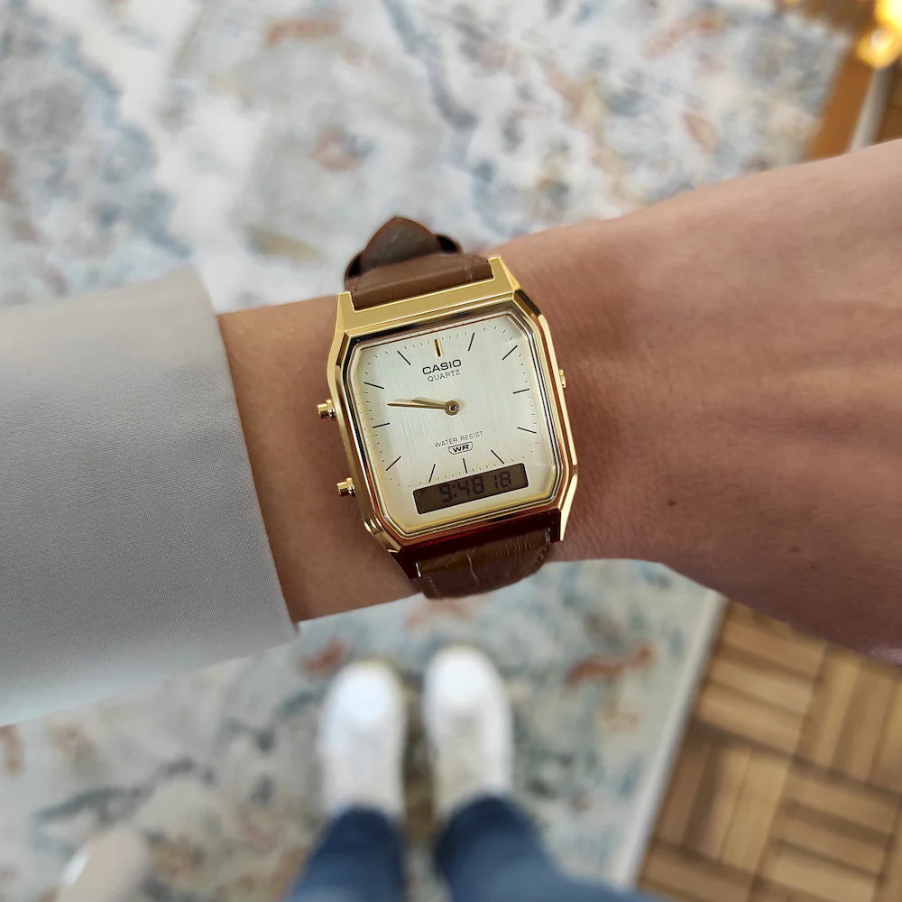 Casio Vintage AQ-230EGL-9A Dual Display (29.8mm) Gold Sunray Dial / Brown Leather Strap Men’s & Womens Watch