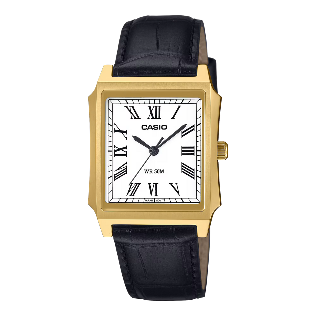 Casio Standard (Cartier Tank Type) Analogue MTP-B190GL-7BVDF Gold Case Leather Strap Men’s Watch