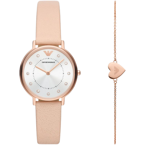 Emporio Armani AR80058 Giftset Pink Leather Strap Rose Gold Tone Bracelet Women's Watch
