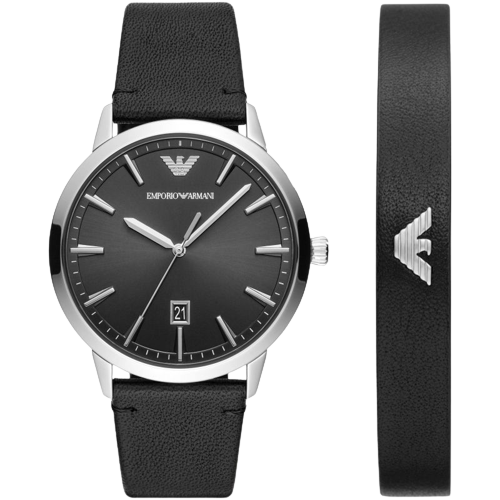 Emporio Armani AR80064SET Gift Set Black Dial Black Leather Strap Black Leather Bracelet Men's Watch