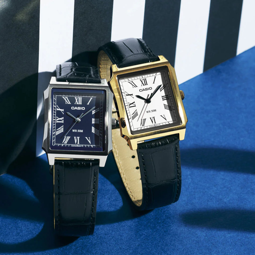 Casio Standard (Cartier Tank Type) Analogue MTP-B190GL-7BVDF Gold Case Leather Strap Men’s Watch