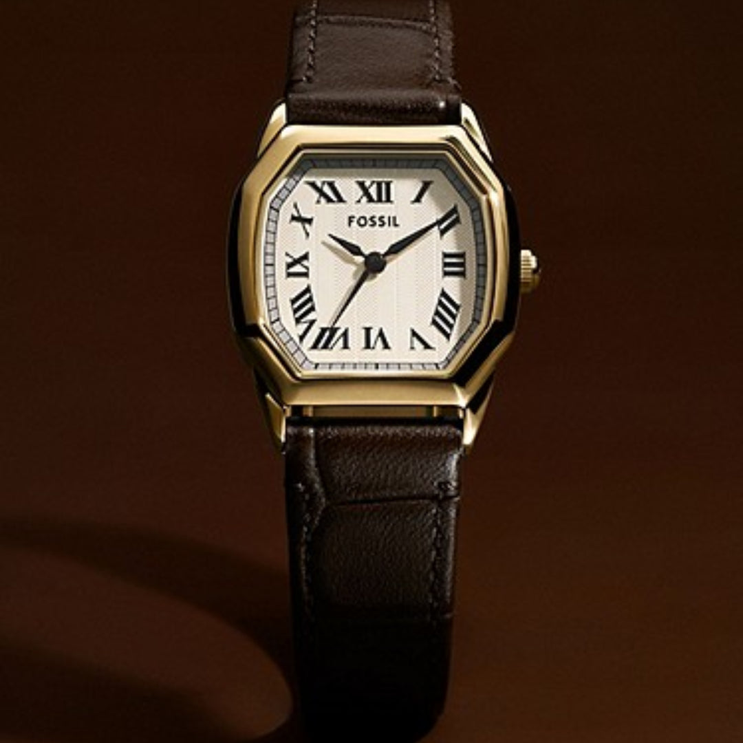 Fossil ES426 Harlow (27mm) Cream Dial / Gold-Tone Dark Brown Leather Strap Women's Watch