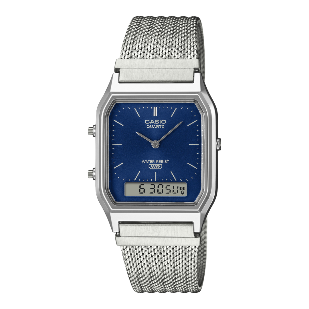 Casio Vintage AQ-230EM-2A Dual Time Display 30mm Blue Dial Mesh Band Stainless Steel Men’s & Womens Watch