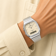 Casio Vintage AQ-240E-7A2 Dual-Display (35.8mm) Cream Sunray Dial / Stainless Steel Bracelet Unisex Watch