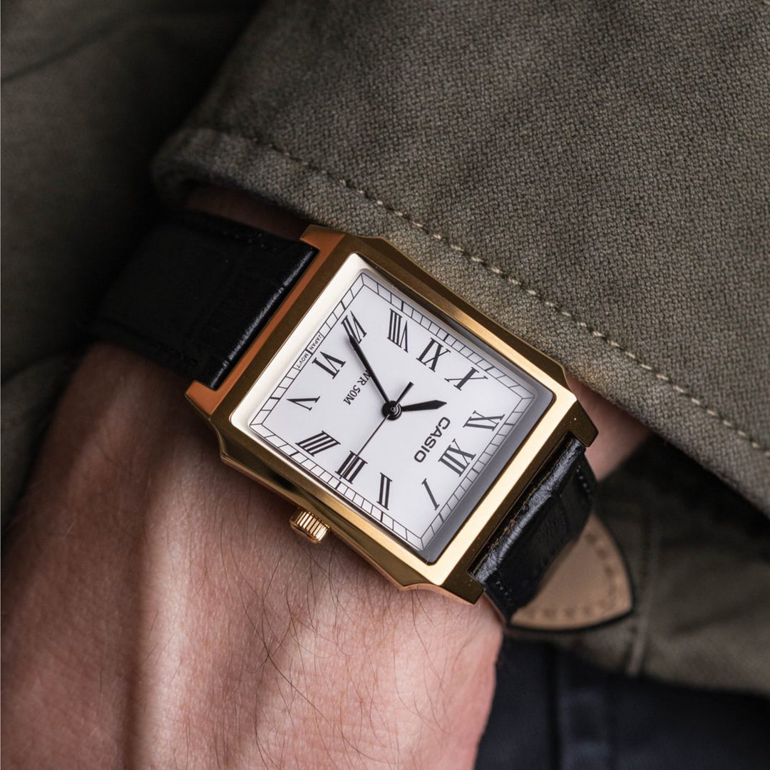 Casio Standard (Cartier Tank Type) Analogue MTP-B190GL-7BVDF Gold Case Leather Strap Men’s Watch
