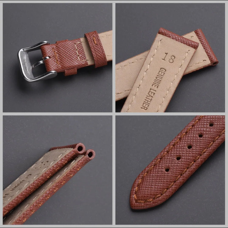 22mm Brown Saffiano Genuine Leather Checkered Cross Pattern Replacement Watch Strap for Seiko, Citizen, Casio, etc