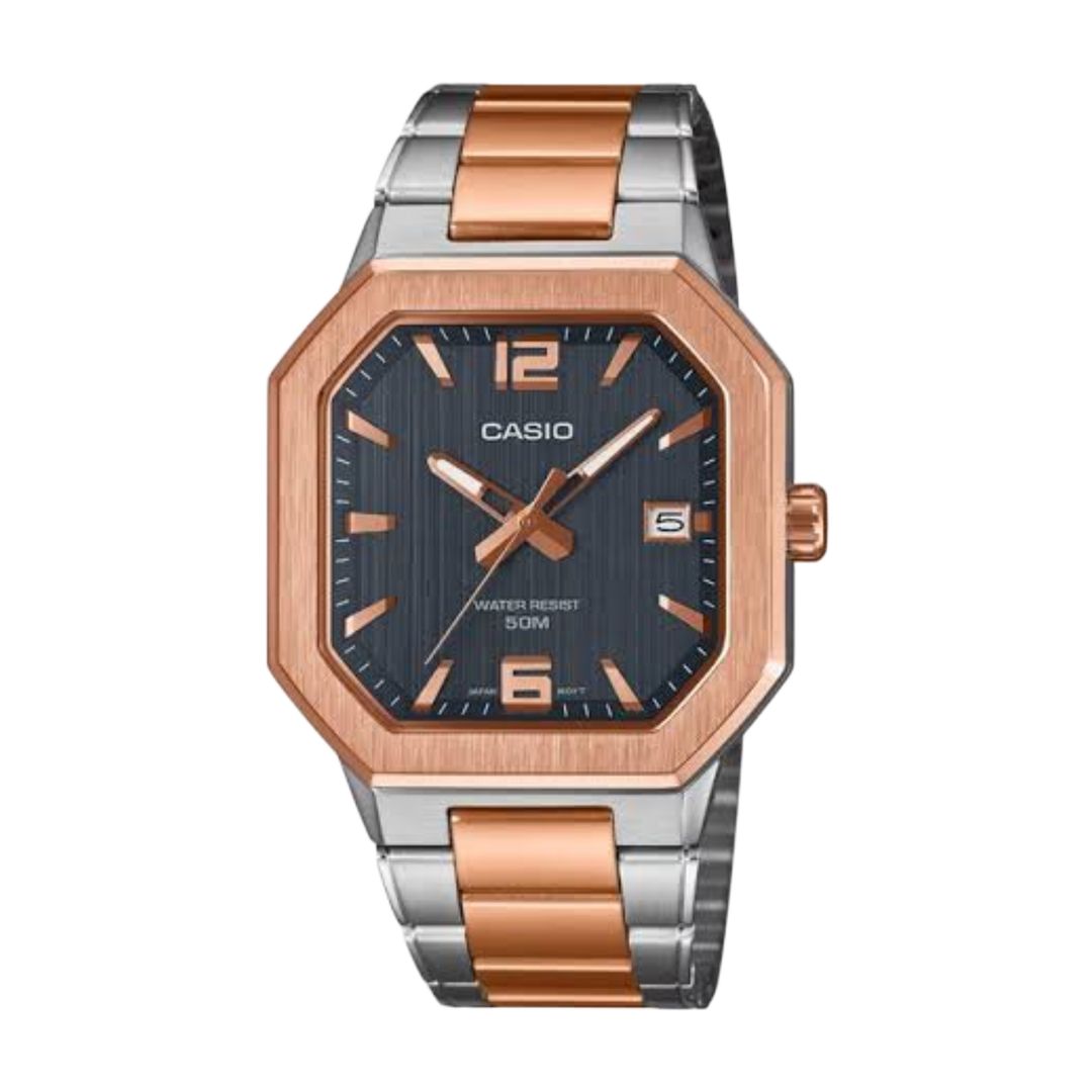 Casio Standard MTP-B195RG-2AV Analogue Quartz Blue Dial Rose Gold Two Tone Steel Strap Men’s Watch