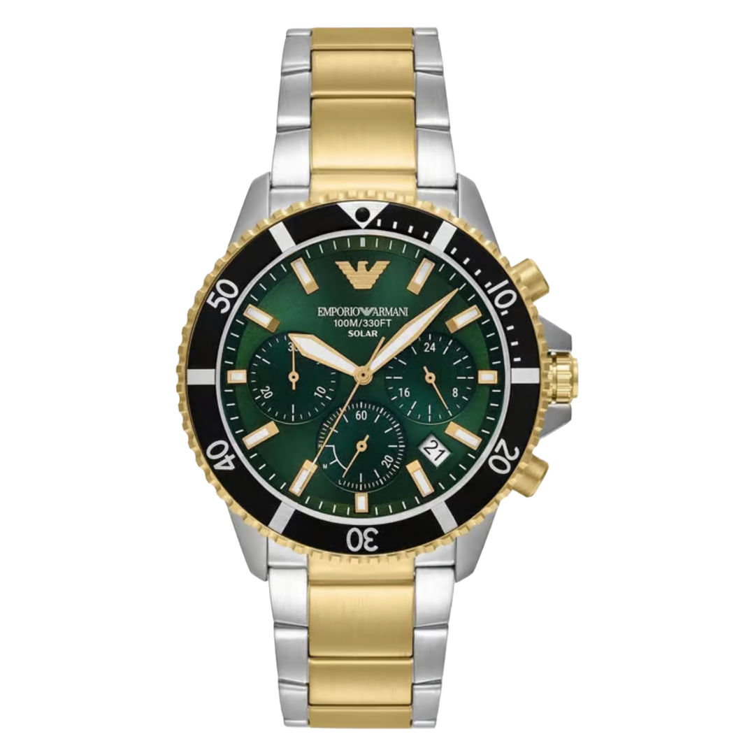 Emporio Armani World Explorer Solar Chronograph (43.5mm) AR11695 Green Dial / Two-Tone Stainless Steel Bracelet Men’s Watch