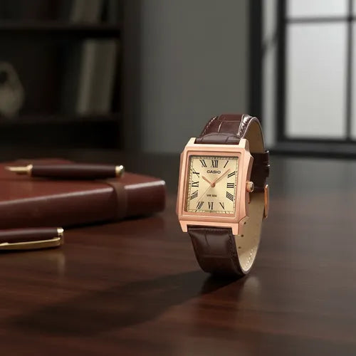Casio Standard (Cartier Tank Type) Analogue MTP-B190RGL-9BV Rose Gold Case Leather Strap Men’s Watch