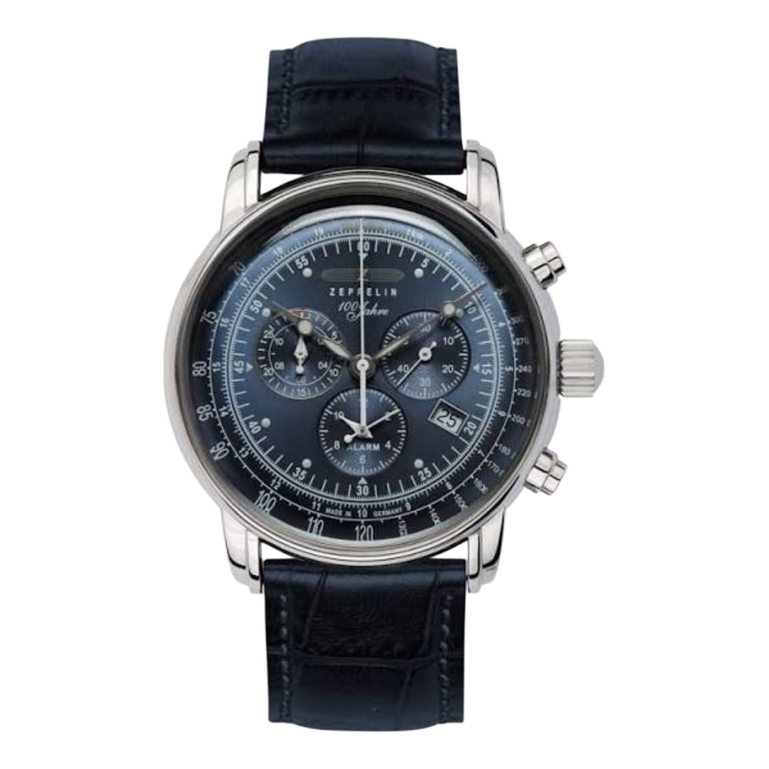 Zeppelin 100 Jahre Quartz 7680-3 Chronograph (42mm) Blue Dial / Blue Leather Strap Men’s Watch