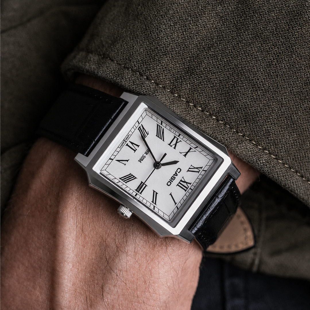 Casio Standard (Cartier Tank Type) Analogue MTP-B190L-7BV Silver Dial Leather Strap Men’s Watch