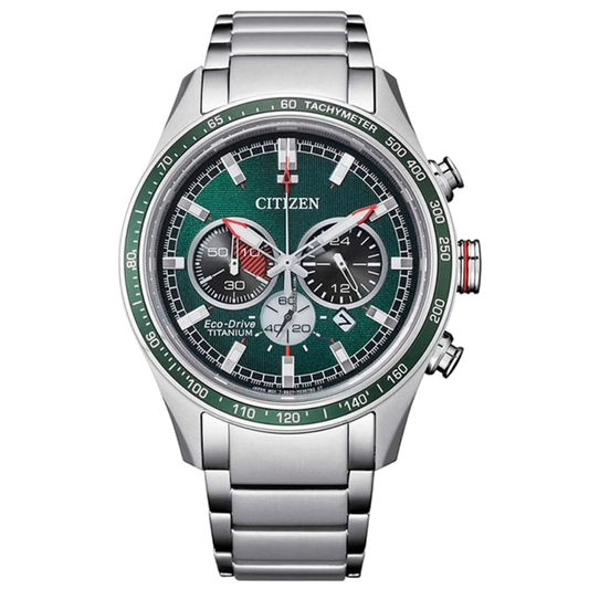 Citizen CA4497-86X Super Titanium Chronograph Eco Drive Green Dial Titanium Bracelet Men’s Watch