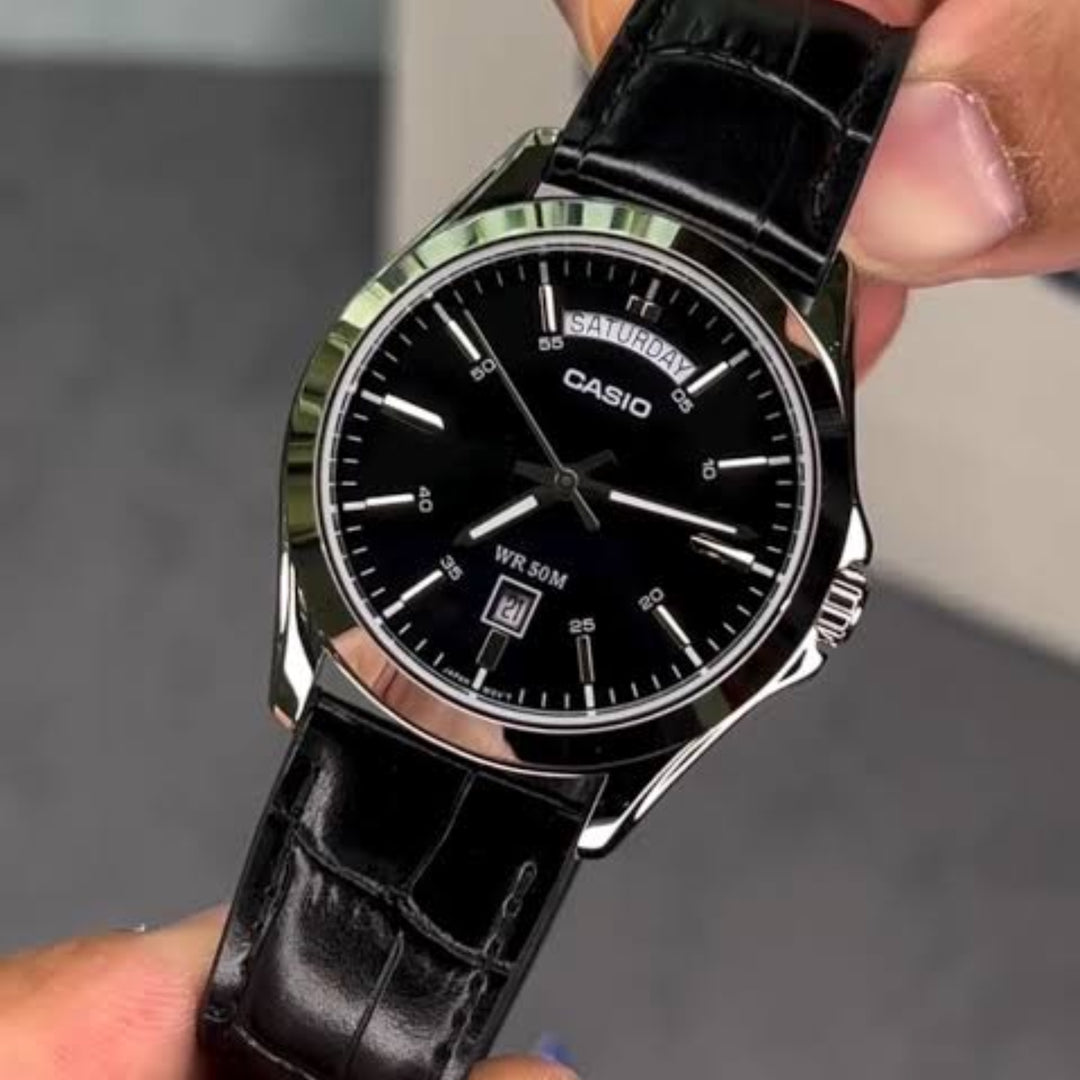 Casio Analog Black Dial (Rolex Style) MTP-1370L-1AVDF Leather Strap Men's Watch