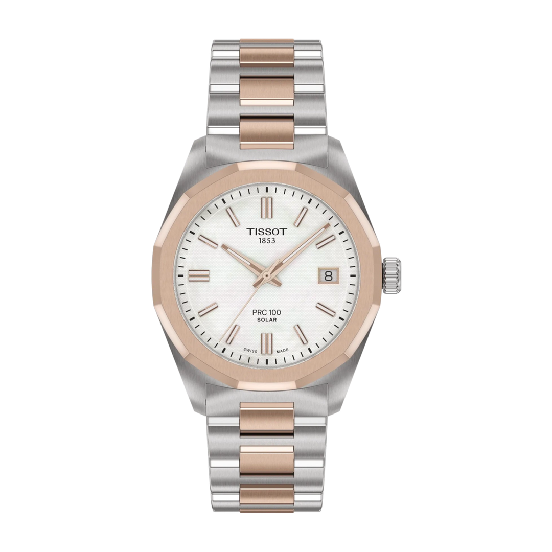 Tissot PRC 100 Solar (34mm) T1518222211100 Mother-of-Pearl Dial / Two-Tone Stainless Steel Bracelet Women's Watch