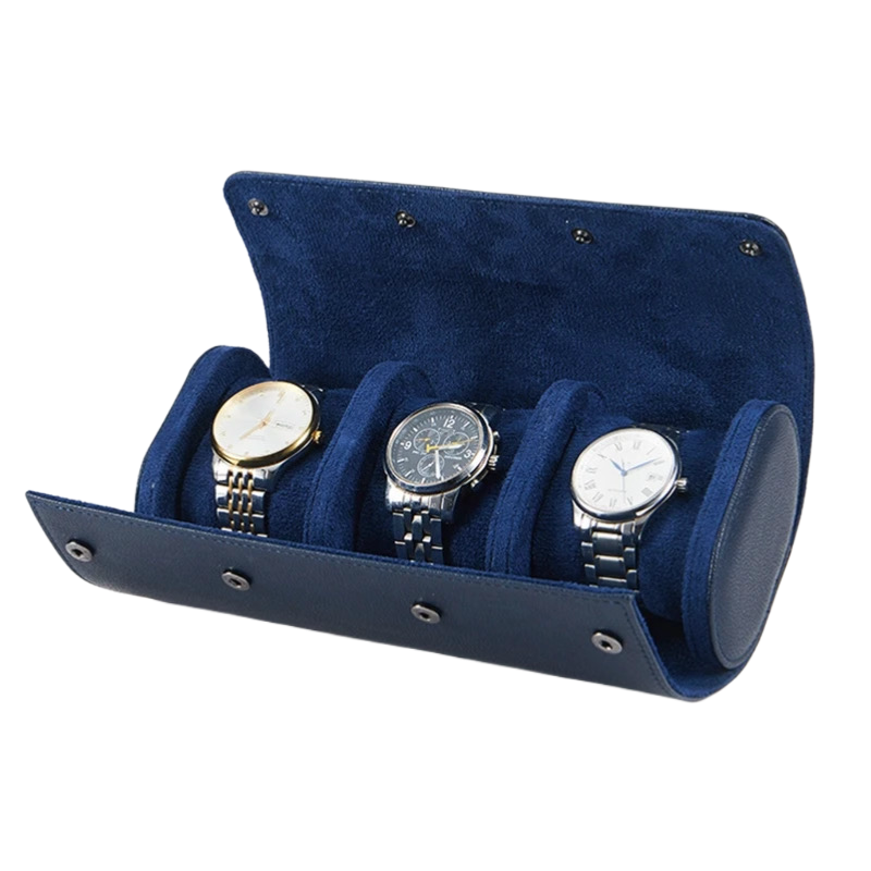 3 Slots Navy Blue Luxury Watch Box/ Roll Travel Case Chic Portable Vintage Leather