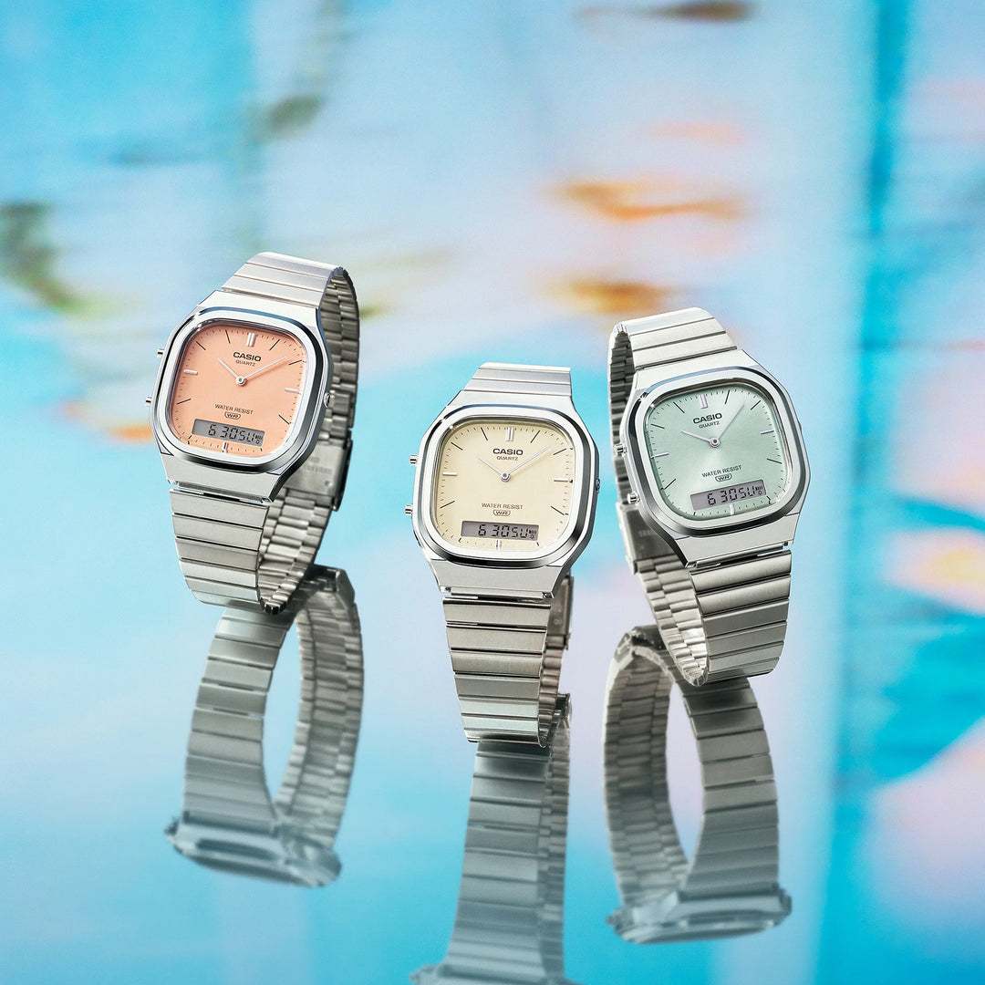 Casio Vintage AQ-240E-2A Dual-Display (35.8mm) Light Blue Sunray Dial / Stainless Steel Bracelet Unisex Watch